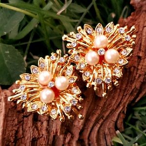 Vintage Fancy Pearl Starburst Rhinestone Goldtone Earrings
